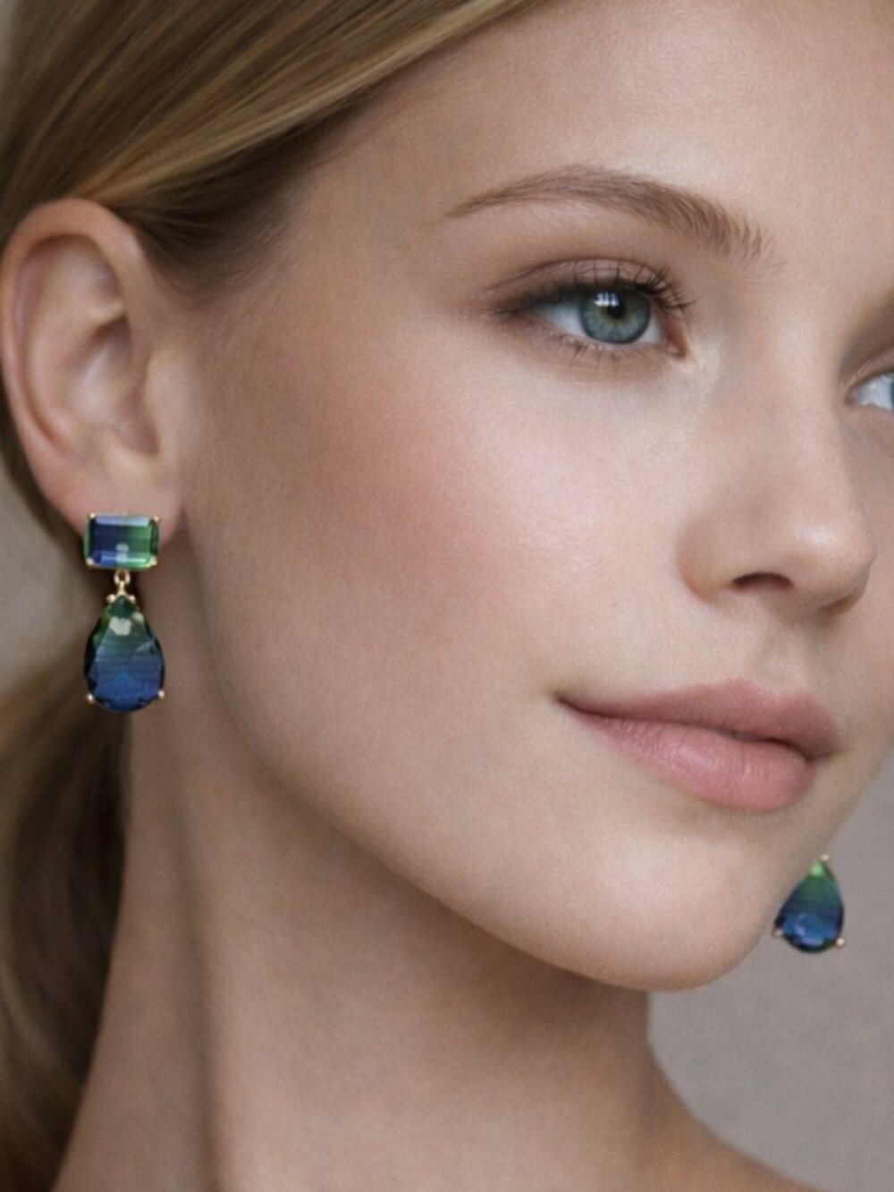 Green Blue Gradient Crystal Waterdrop Dangle Earrings Elegant Statement Jewelry - Picture 3 of 11